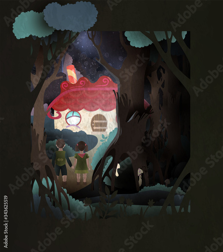 Hansel and Gretel fairy tale book cover illustration. Boy and girl holding hands in front of gingerbread house in the dark forest