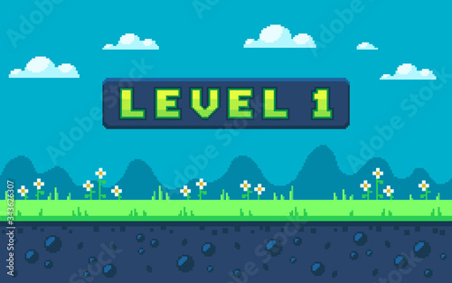 Pixel art design with outdoor landscape background.