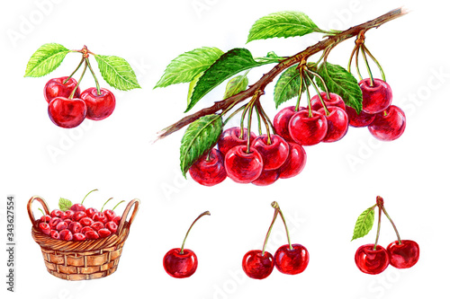 Cherry in a basket, a cherry with a leaf, a cherry on a branch. Set of watercolor illustrations for labels, menus, or packaging design. photo