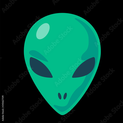 Green alien face icon. Extraterrestrial humanoid front head logo vector illustration. Ufo symbol sticker. Paranormal T-shirt print design. Flat character isolated on white background.Fun clip art