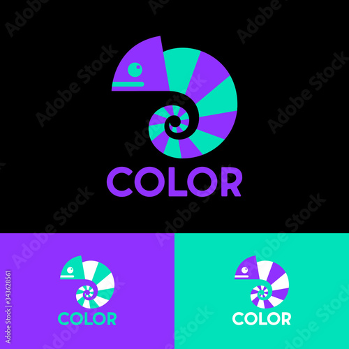 Chameleon logo. Colored bright chameleon. Isolated chameleon on  a different backgrounds. Logo for creative industry, art school, esport and any business.