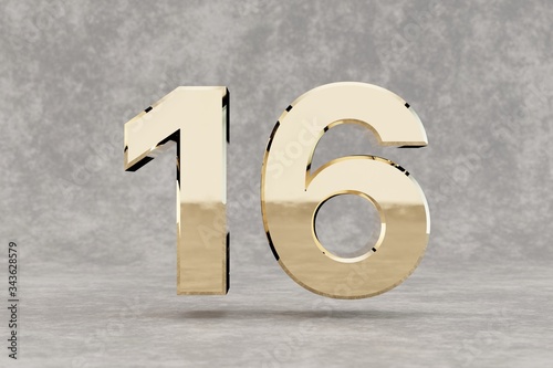 Gold 3d number 16. Glossy golden number on concrete background. 3d rendered digit.