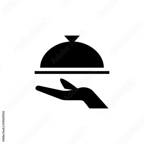 Covered food tray on a hand of hotel room service icon template,  Tray on the hand symbol vector sign in black flat shape design isolated on white background