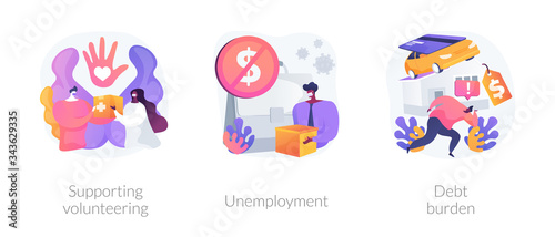 Socio-economic outbreak impact abstract concept vector illustration set. Supporting volunteering, unemployment, debt burden, public health, economic crisis, unemployment rate abstract metaphor.