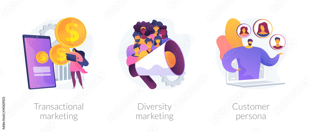 Marketing strategies abstract concept vector illustration set. Transactional and diversity marketing, customer persona, individual sales, customized advertising, target audience abstract metaphor. Marketing strategies abstract concept vector illustration set. Transactional and diversity marketing, customer persona, individual sales, customized advertising, target audience abstract metaphor.
