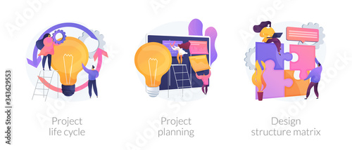 Project life cycle abstract concept vector illustration set. Project planning, design structure matrix, task assignment, business case, business analysis, visual representation abstract metaphor.