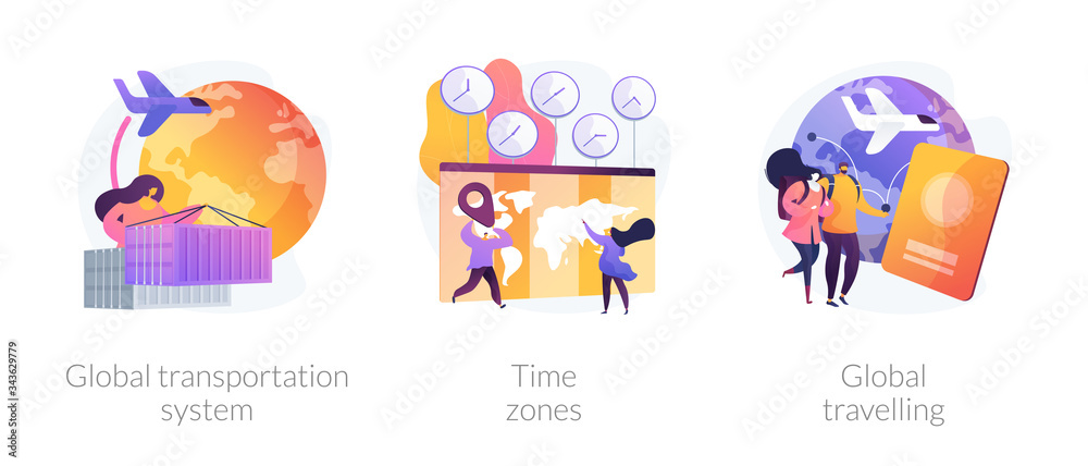 International business coordination abstract concept vector illustration set. Global transportation system, time zone, global travelling, worldwide logistics, travel agency, jet lag abstract metaphor.