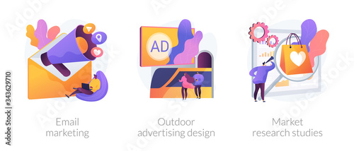 Product marketing campaign abstract concept vector illustration set. Email marketing, outdoor advertising design, market research study, customer need, brand management, focus group abstract metaphor.