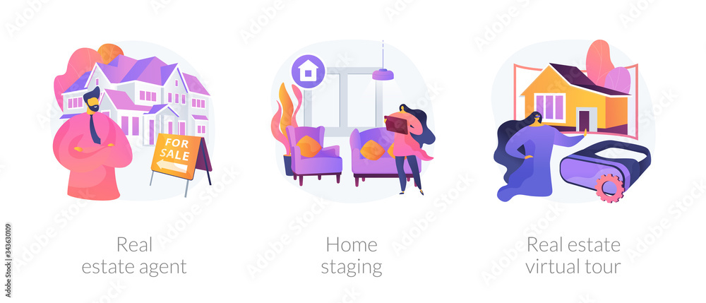 Real estate buying experience abstract concept vector illustration set. Real estate agent, home staging, real estate virtual tour, sale preparation, listing video walk-through abstract metaphor.