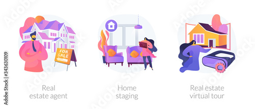 Real estate buying experience abstract concept vector illustration set. Real estate agent, home staging, real estate virtual tour, sale preparation, listing video walk-through abstract metaphor.