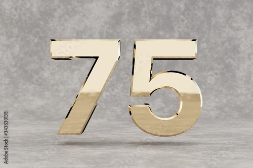 Gold 3d number 75. Glossy golden number on concrete background. 3d rendered digit.