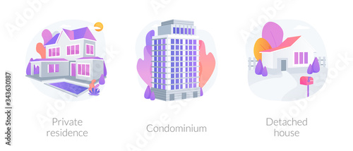 Single family home abstract concept vector illustration set. Private residence, condominium, detached house, land ownership, real estate market, stand-alone household, appartment abstract metaphor.