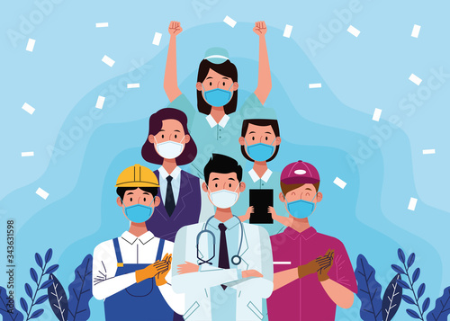 group of workers using face masks
