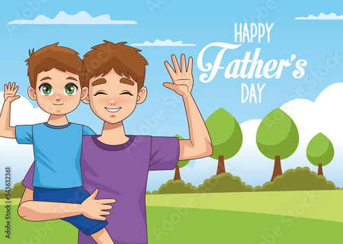 fathers day card with dad carrying son in landscape