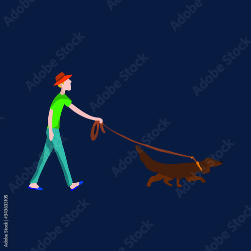Vector cartoon illustration of man walk the dog at night in flat style