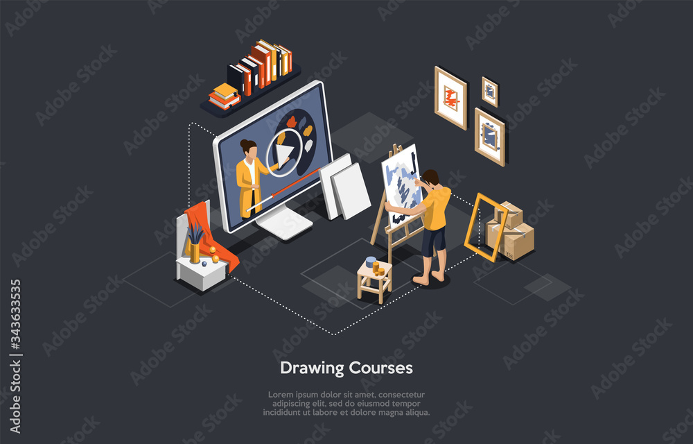 Isometric Remote Online Drawing Courses. Man Painter Learns Drawing. Male Character Painting A Picture On Easel Looking On The Screen Of Computer With Online Teacher. 3D Cartoon Vector Illustration