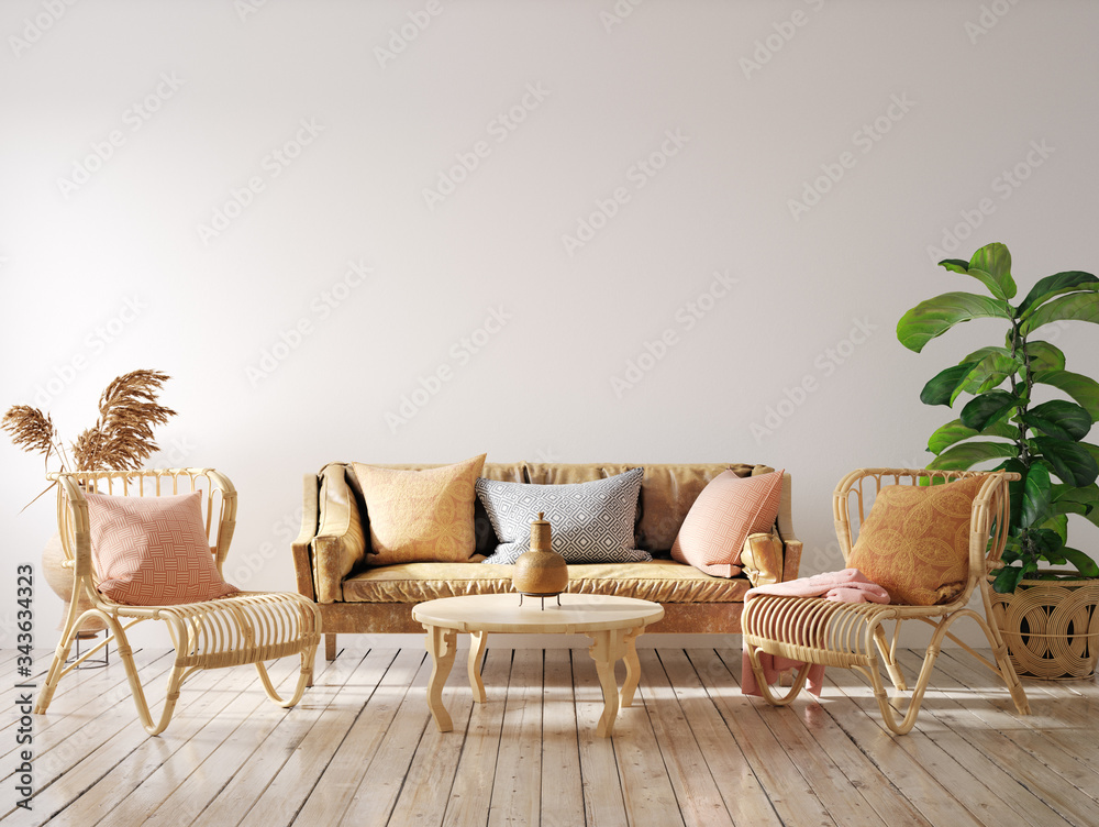 Cozy living room interior with wicker furniture, wall mockup, 3d render - obrazy, fototapety, plakaty 