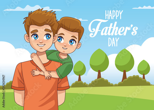 fathers day card with dad carrying son in landscape