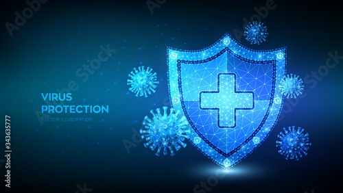 Virus protection. Low polygonal shield and Covid-19 virus cells. Coronavirus 2019-nCoV safety concept. Microbiology and medicine. Antibiotic, vaccination against coronavirus. Vector illustration.