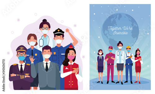 group of workers using face masks and together we are invincible