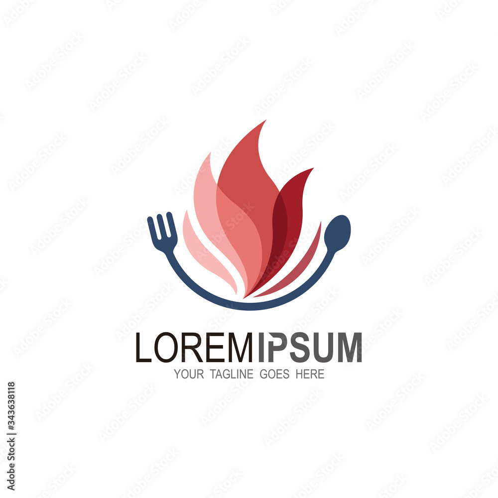Fire logo with spoon and for, restaurant logo template cooking logo, red and fire design vector Fire logo with spoon and for, restaurant logo template cooking logo, red and fire design vector