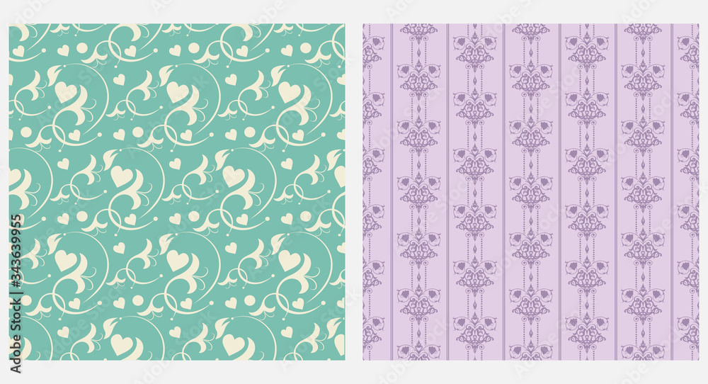Seamless texture, green and purple color. Floral pattern, vector