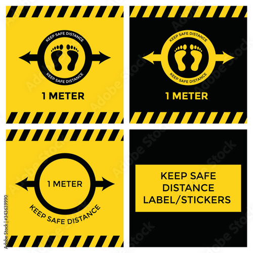 Sticker or label design for social distancing awareness of safe distance of 1 meter. 3 design variation in square format. Yellow and black warning labels. Vector illustration.