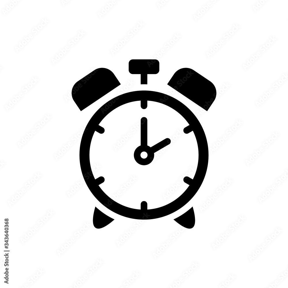 Alarm clock icon isolated, Time symbol in black flat shape design on white background Alarm clock icon isolated, Time symbol in black flat shape design on white background