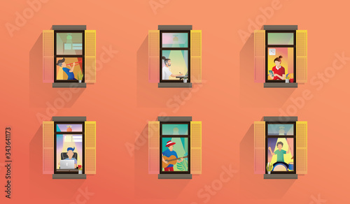Neighbors and neighborhoods. Exterior of building with opened windows and people living inside. Men and women playing musical instruments, working, their apartments. Quarantine Concepts, vector 