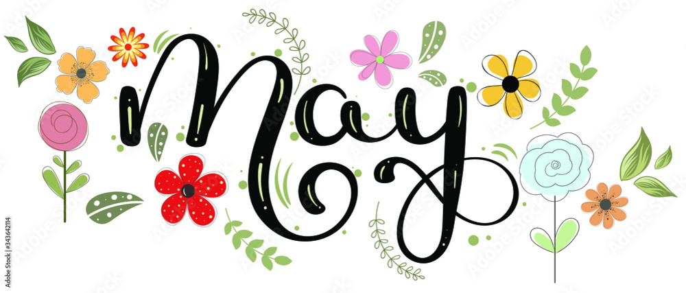 Hello May. MAY month vector with flowersand leaves. Decoration floral. Illustration month may - obrazy, fototapety, plakaty 