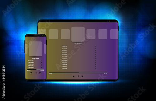 abstract background of blue futuristic technology song application media player user interface ui on smart mobile phone and tablet