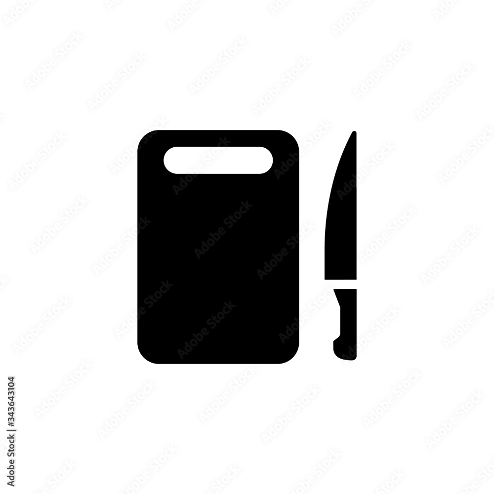 Cutting board with knife icon in black flat shape design icon, isolated on white background Cutting board with knife icon in black flat shape design icon, isolated on white background