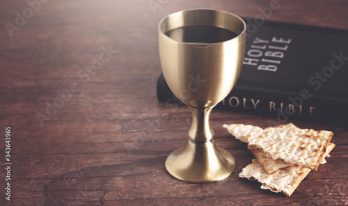 Holy Communion or the Lords Supper Prepared on a Dark Wood Table photo