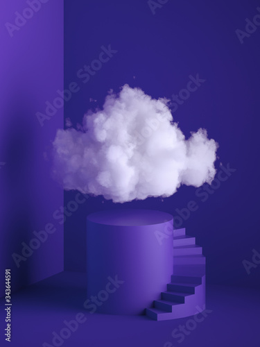 3d render, white fluffy cloud above the cylinder pedestal, spiral stairs, steps, round podium, minimal room interior. Isolated objects, violet blue background, modern design, abstract metaphor © NeoLeo
