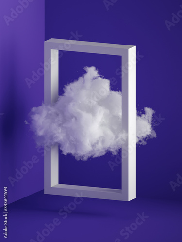 3d render, white fluffy cloud flying through the rectangular frame. Minimal room interior. Levitation concept. Objects isolated on blue background, modern design, abstract metaphor