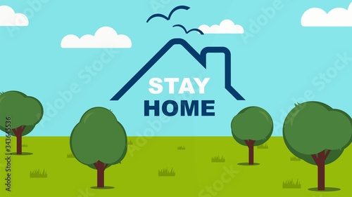 Stay home banner template. Roof of a house stay home text. Natural life theme grass, trees, sky and birds. Global viral pandemic and Quarantine, self-isolation. Flat design vector.