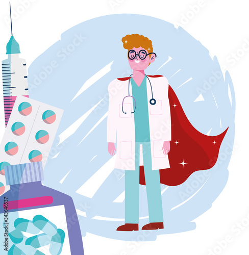 thanks you doctors, male physician superhero with cape character prescription medicine