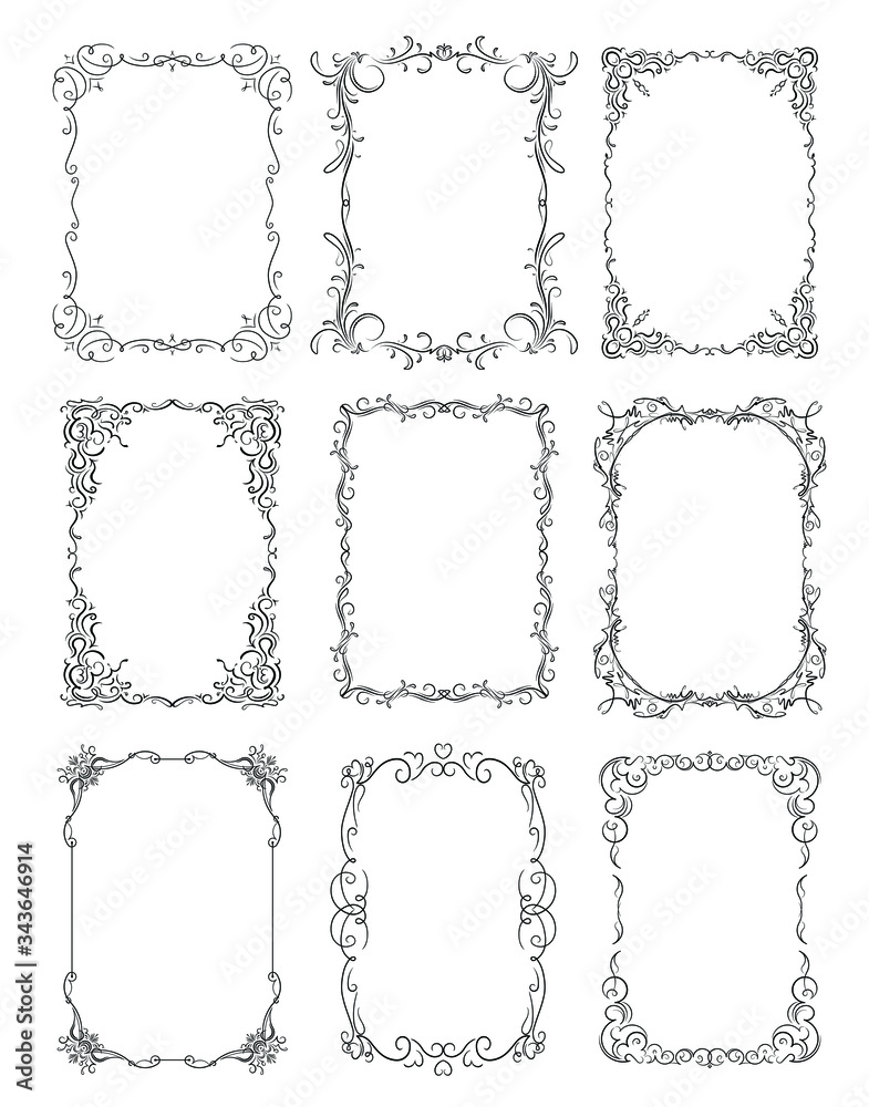 Set of six thin decorative stylish vector frames for your design