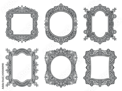 Set of ethnic template frames  for design wedding invitations and greeting cards. Henna flowers mehndi elements of vintage patterns. Indian or Asian motif. Vector illustration.