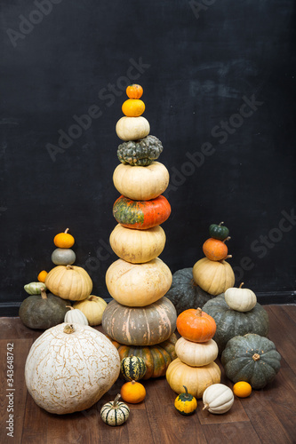 Many pumpkins of different varieties are built in a tall tower on a black background. Autumn harvest, decor for Halloween. Big choice Vertical frame