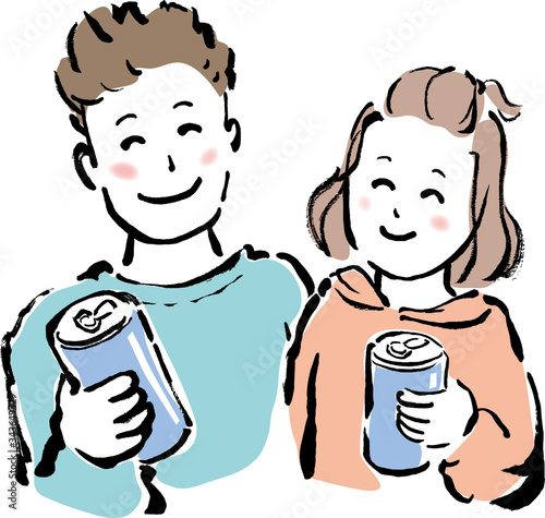 夫婦, カップル, 若い, ビール, 缶ビール, 家飲み, 宅飲み, 仲良し, お酒, 楽しい, 笑顔, 風呂上り, 家, アットホーム, 団欒, 幸せ, ステイホーム, stayhome, stay home, お家, 白バック, 白背景, 手描き, 手書き, 筆書き, 筆描き, カット, 挿絵, 素材, イラスト, イラストレーション, 墨絵, 人物, 二人, 男女, リラックス, ほろ酔い,