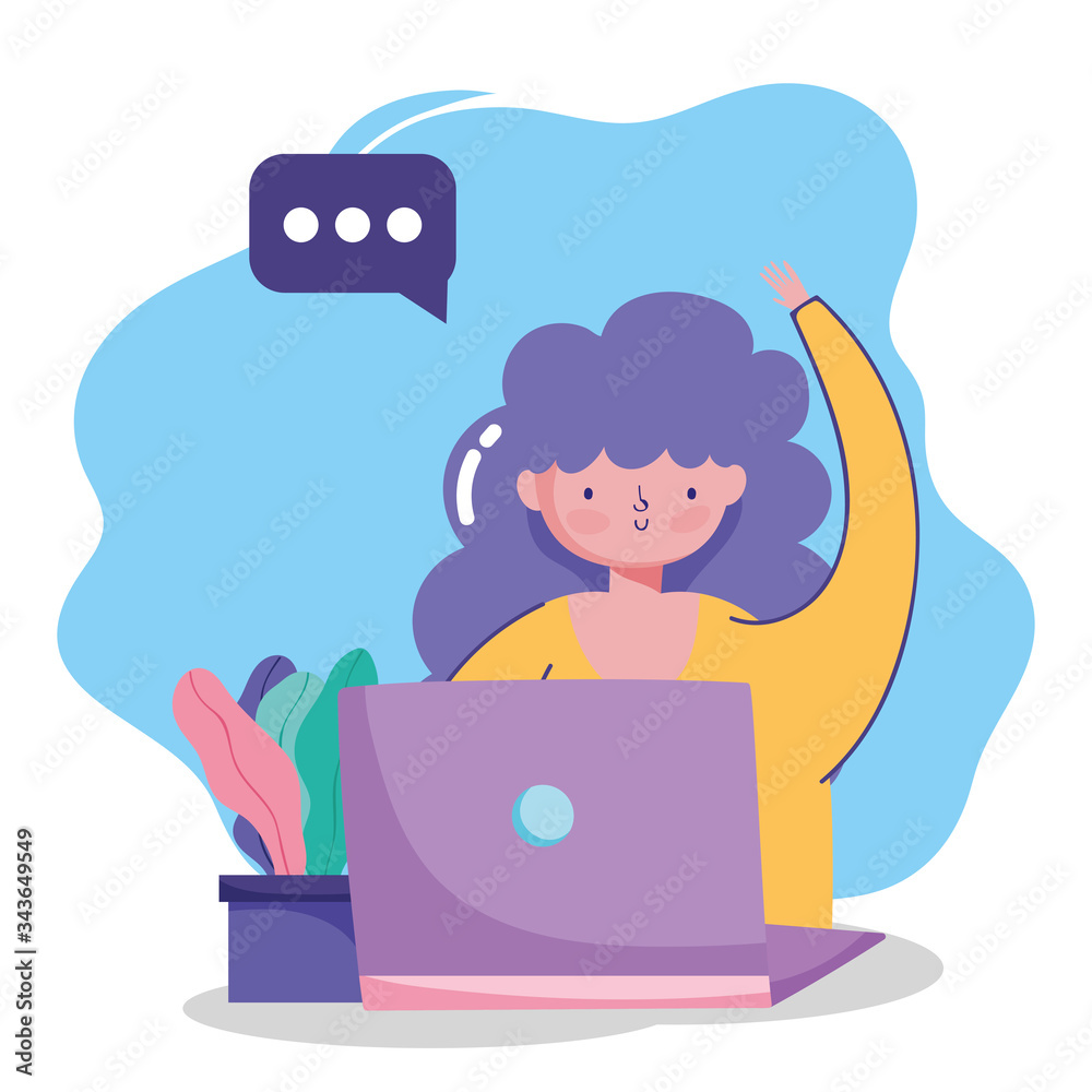 people communication and technology, girl with laptop chatting cartoon people communication and technology, girl with laptop chatting cartoon