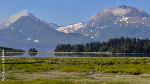 Mountain range valley and lakes nature landscape in Valdez Alaska background