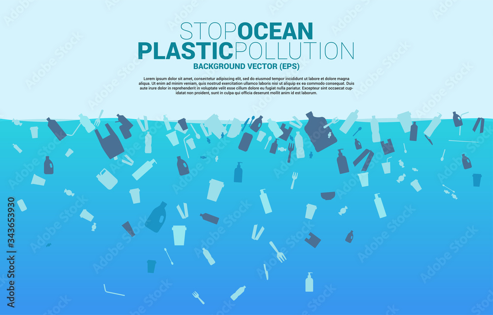 Sea with plastic package and product icon. background for Ocean plastic pollution.Take care and save the environment. Say no to plastic