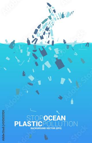 Whale tale shaped from plastic package and product icon. background for Ocean plastic pollution.Take care and save the environment. Say no to plastic