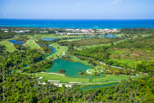Punta Cana Bavaro beach aerial drone view  on tropical coastline in Cortecito area, Dominican republic   photo