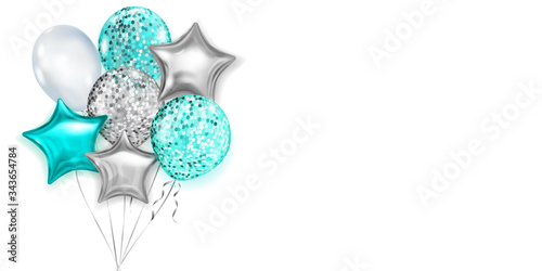 Illustration with bunch of shiny balloons in light blue and silver colors, round and in the shape of stars, with ribbons and shadows, on white background