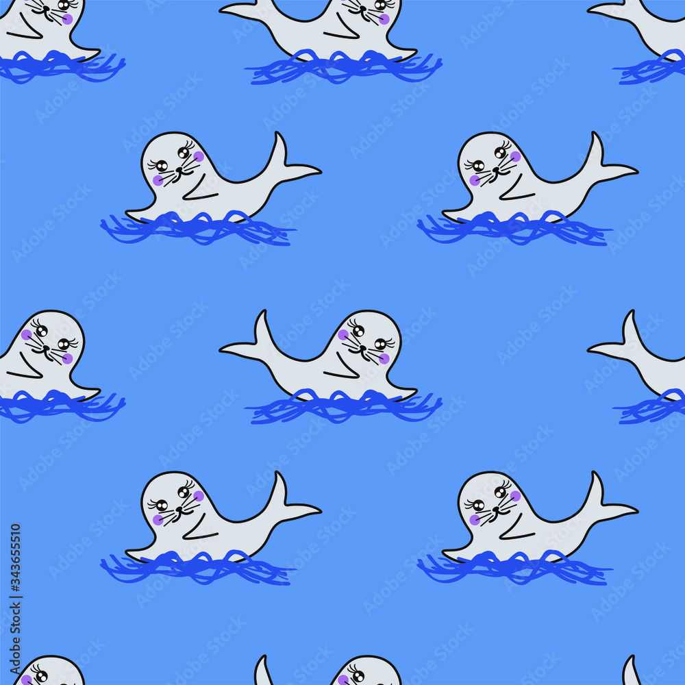 Cute Gray Seal Vector Pattern Seamless