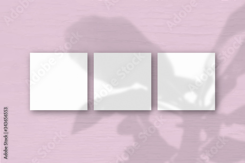 3 square sheets of white textured paper on the pink wall background. Mockup overlay with the plant shadows. Natural light casts shadows from an exotic plant. Flat lay, top view