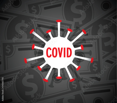 Money contaminated with coronavirus covid-19 concept. Cash currency and corona virus cells.
